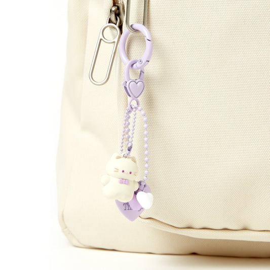 [Art Box] White Cat Purple Heart Keyring